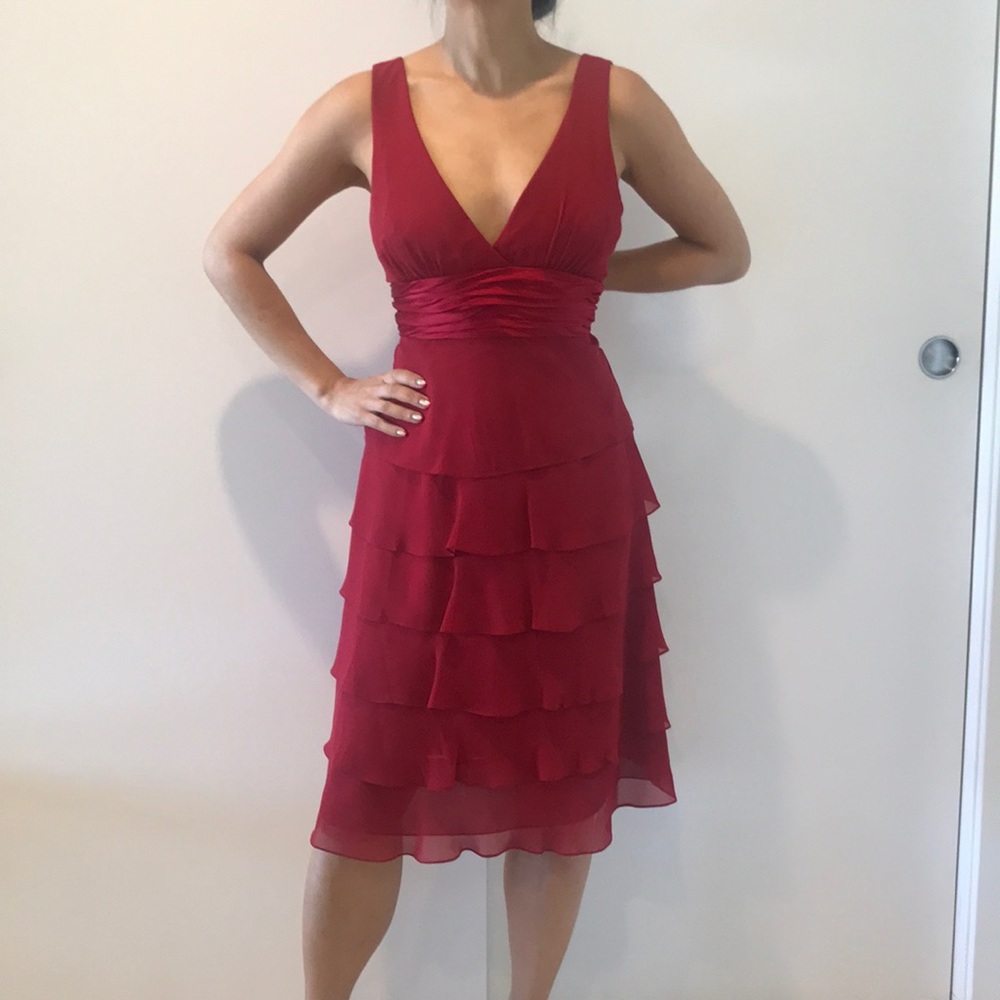 BCBG red chiffon dress with multi-tiered skirt